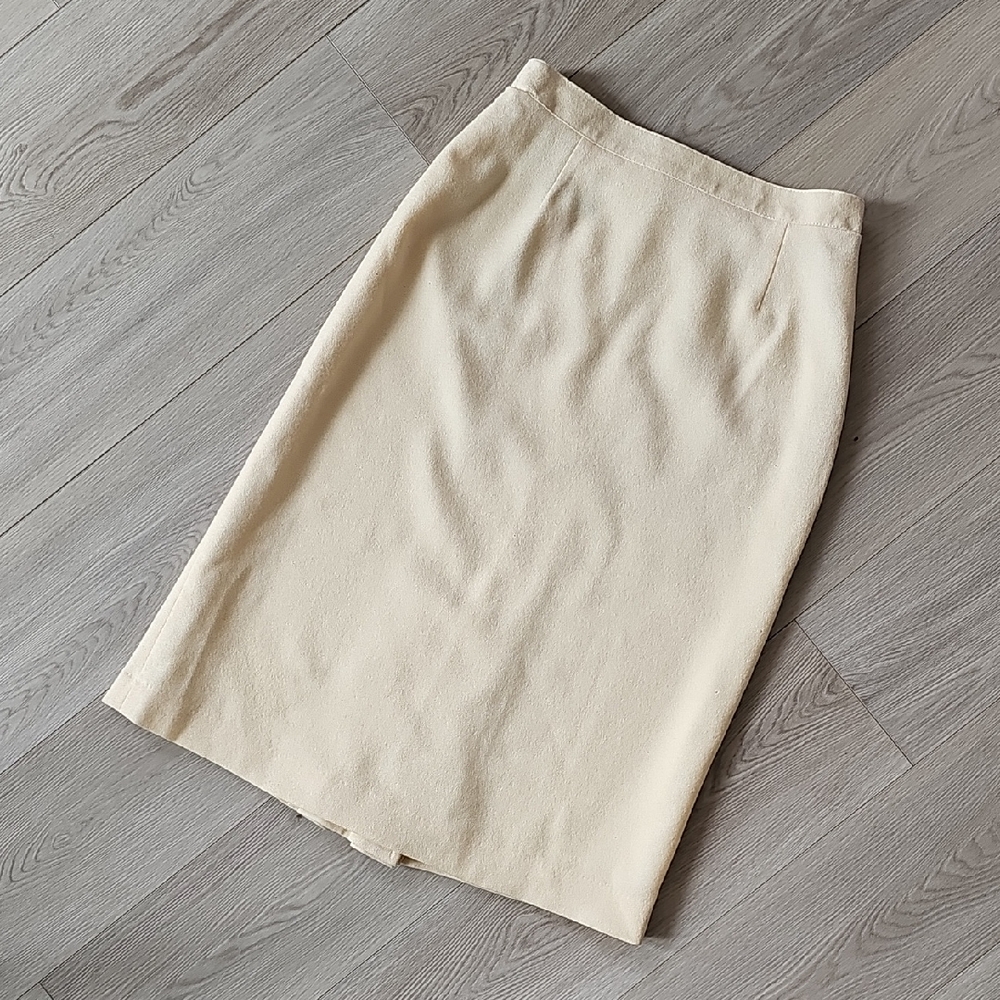 Vintage Mister Leonard‎ Ivory Pure Wool Midi Skirt, Vtg Sz 10, Modern Small